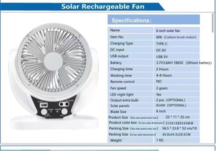6-inch with Bulb AC DC Charging Long Battery Life Table Fan Strong Wind Silent Camping Outdoor Solar Fan