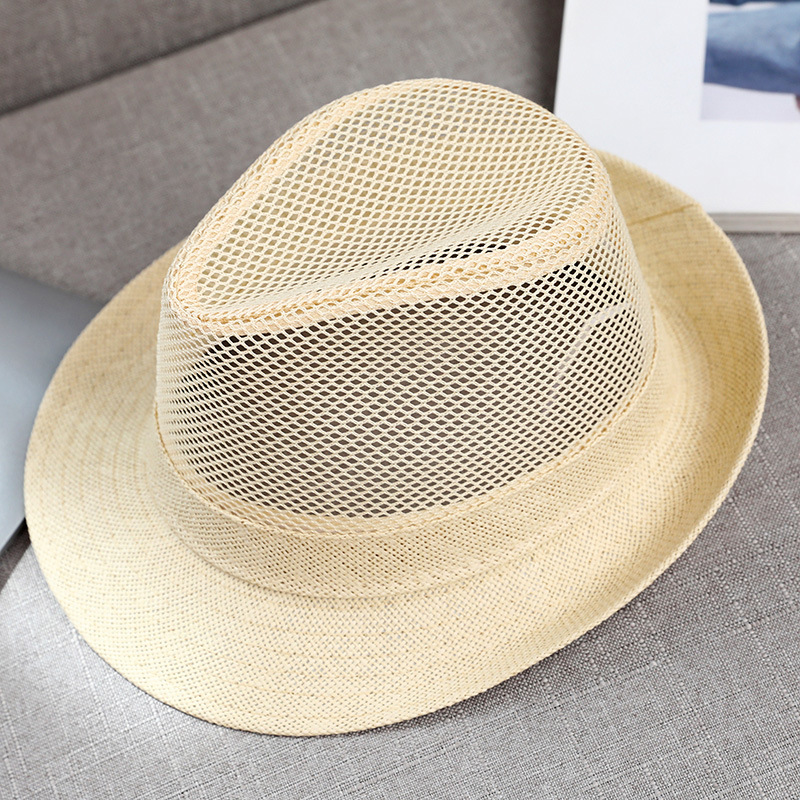 Hat Summer Men's Small Fedora Straw Brim Polyester Mesh Breathable Hollow Sun Protection Rolled Brim Sun Hat