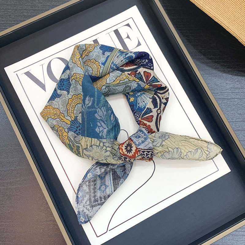 Silk cotton! 【Wander】vintage black and white mulberry silk organic cotton scarf for women, small square scarf