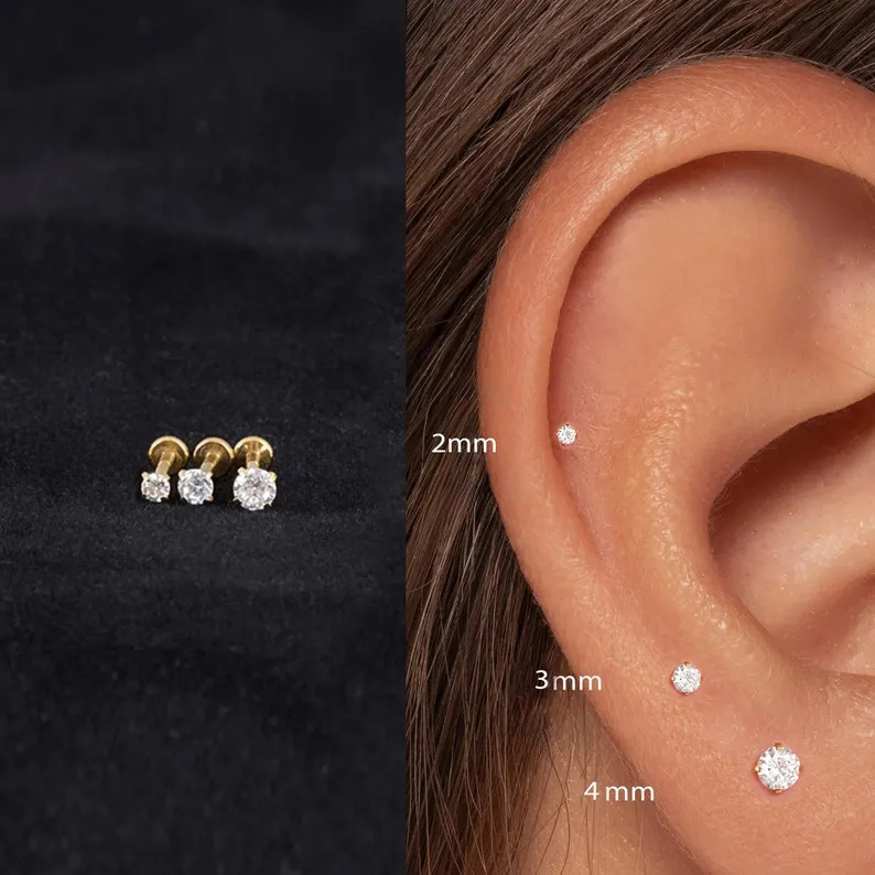 New S925 sterling silver moissanite four-claw setting flat head threaded ear studs threaded cartilage ear bone studs