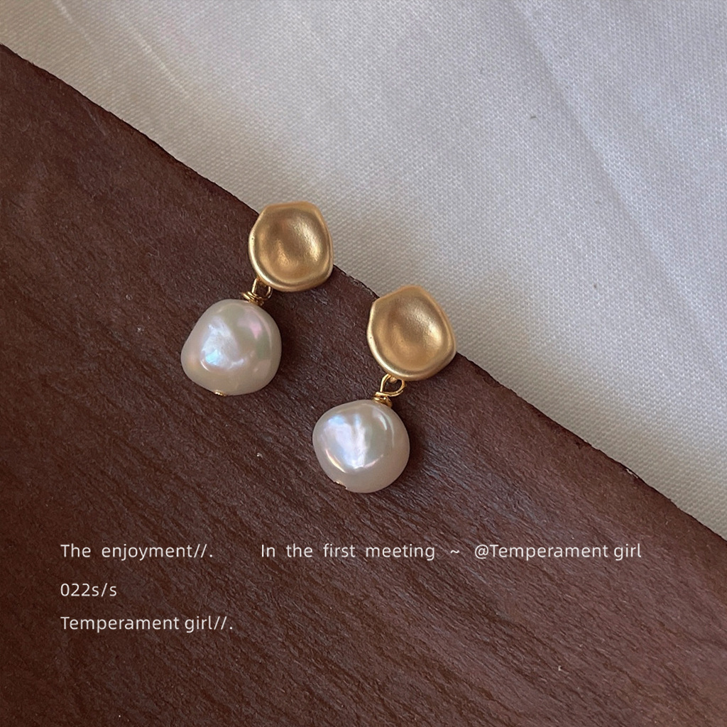 Baroque irregular freshwater pearl silver-plated needle handmade design matte earrings for women