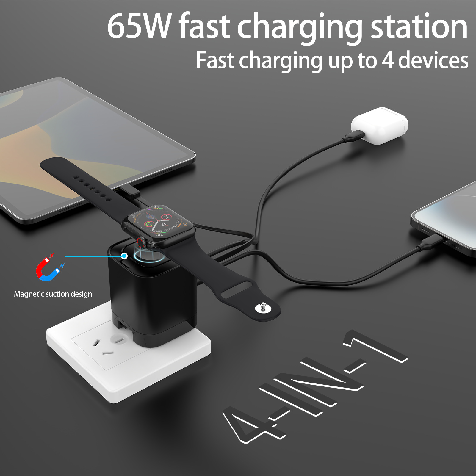 New PD65W GaN Charger Retractable Cable Charger for Apple Huawei Phone Charging Head