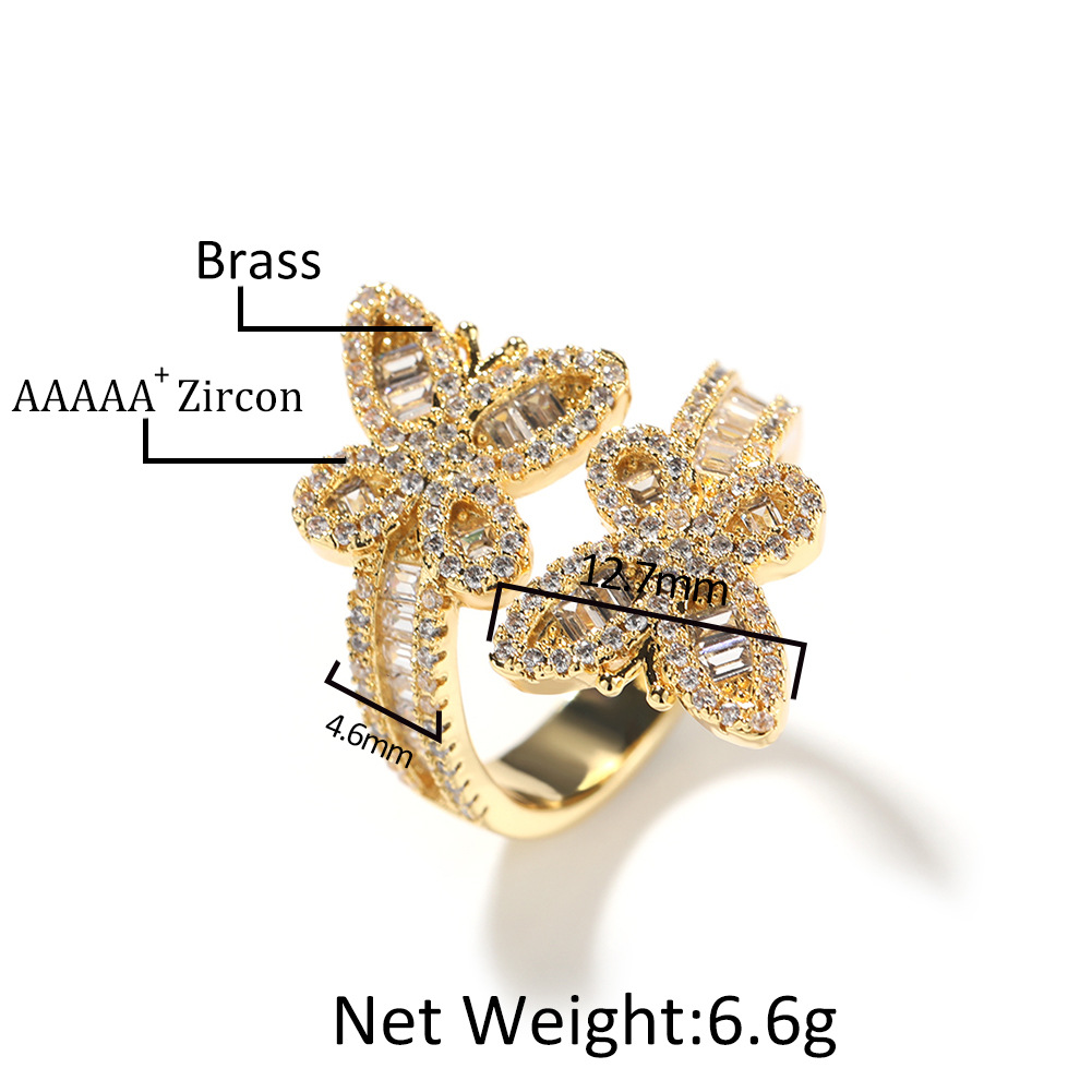 Diamond-studded staggered butterfly open ring unisex hip-hop ring