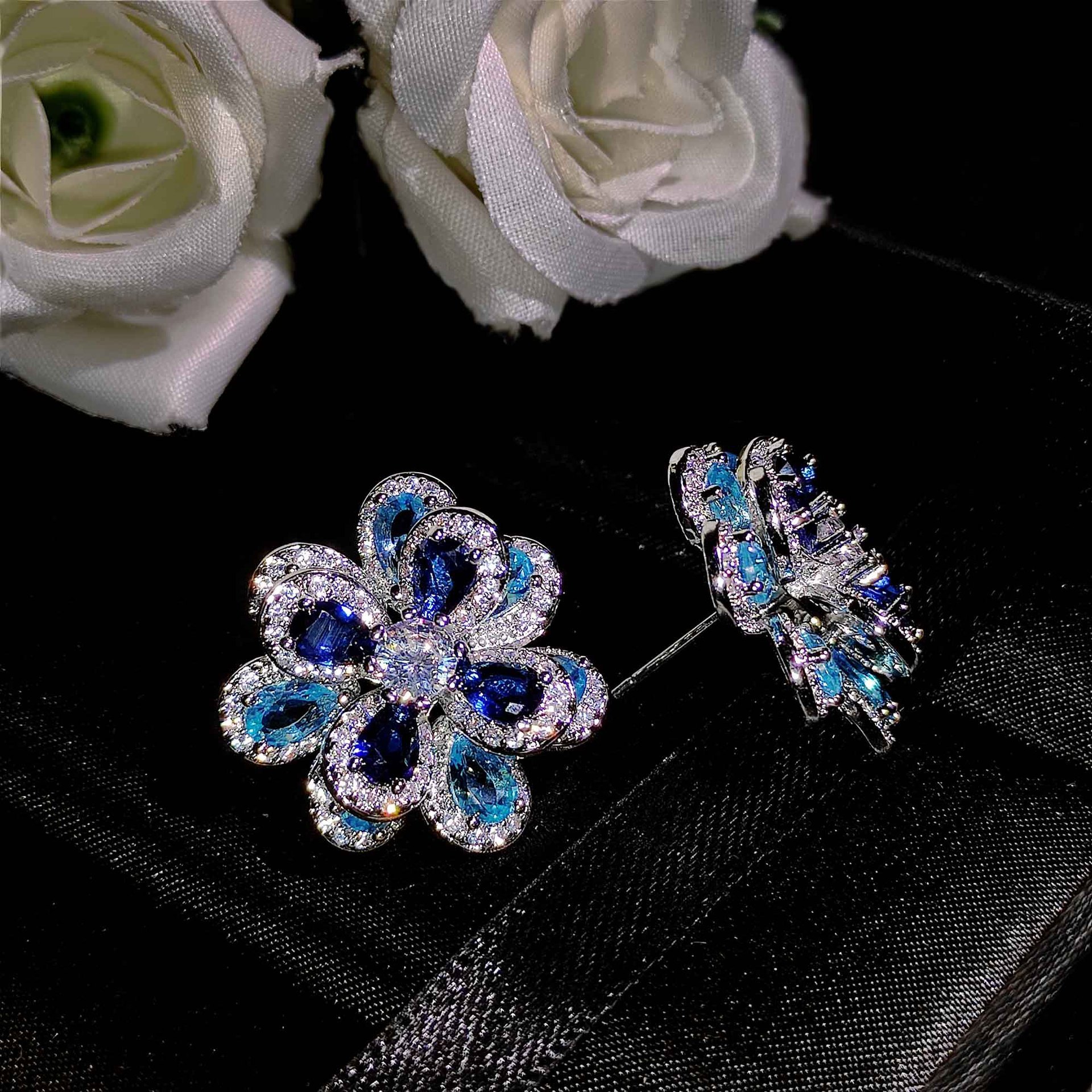 Colorful zircon flower set silver needle earrings simple立体 camellia pendant open ring