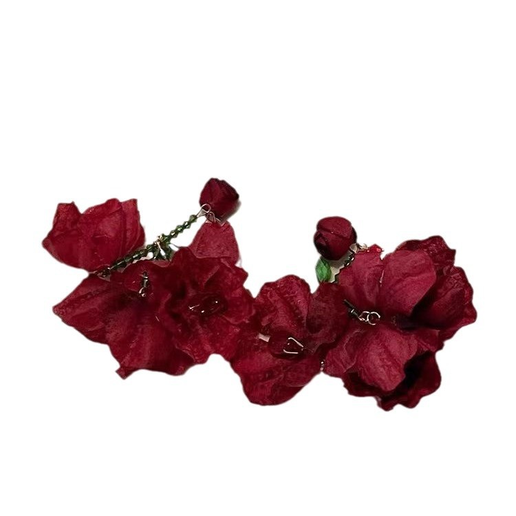Burning Rose exaggerated wine red tassel earrings earrings flower ear studs