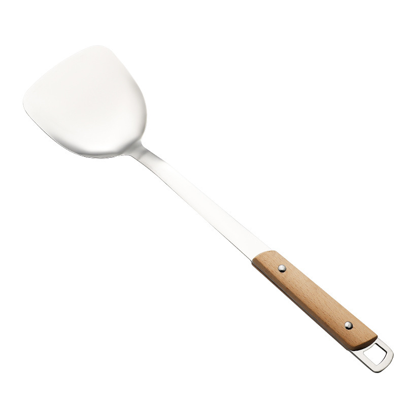 201 non-magnetic stainless steel spatula, soup spoon kitchen set, kitchen cooking household solid wood handle frying spatula, slotted spoon logo