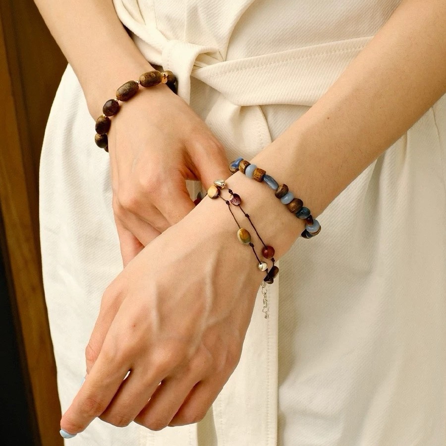 Spring Summer New Agarwood Bracelet Amber Agate Multi-Color Beaded Bracelet Colorful New Chinese Style Layering Daily Wear