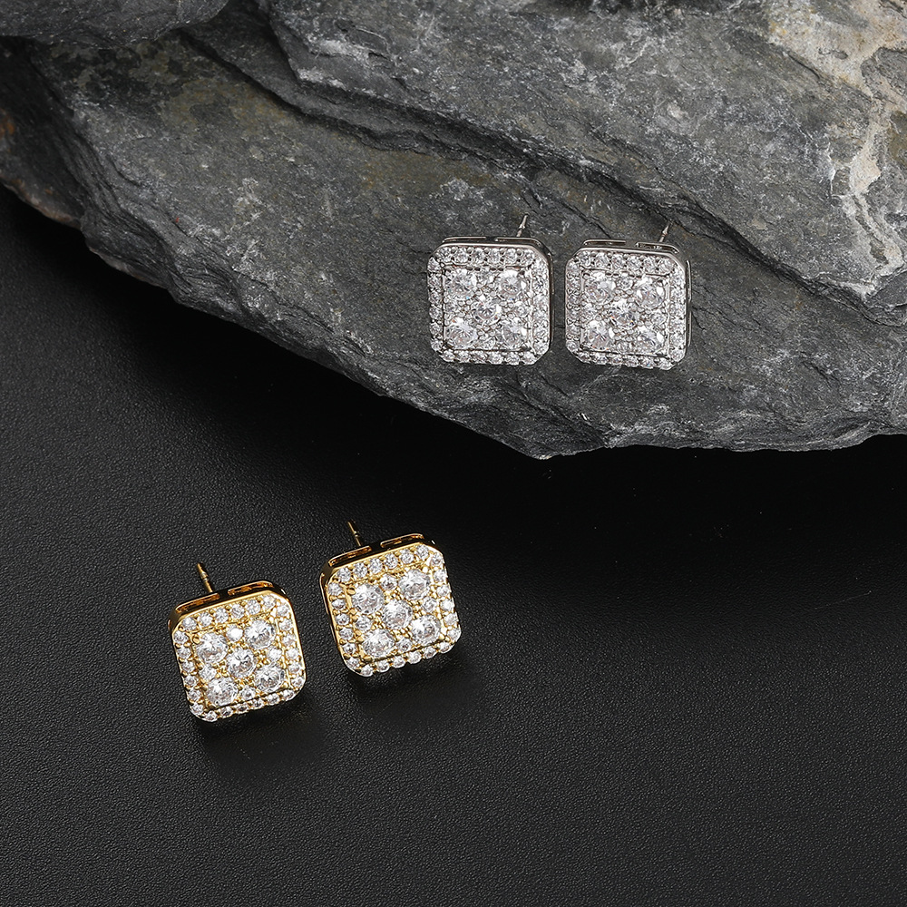Ear jewelry square earring micro-set zircon simple design men's women's nightclub hip-hop earring