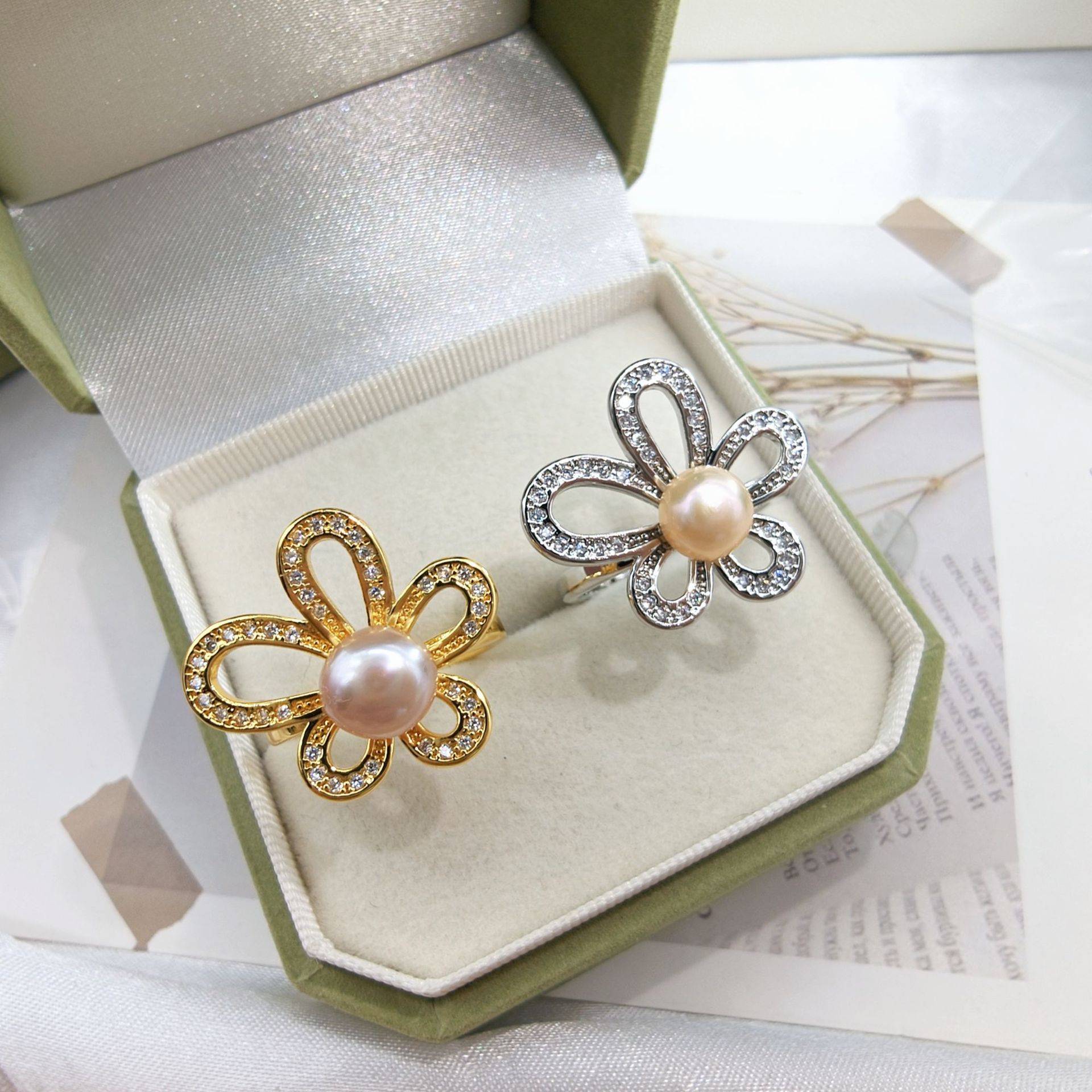 DIY Pearl Ring Accessories Gold-Plated Flower Butterfly Ring Holder Petal Pearl Ring Empty Mount Open