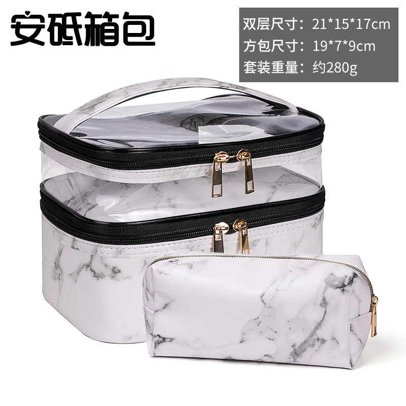 New Marble Transparent Leopard Print Double-Layer Cosmetic Bag Waterproof Portable Toiletry Bag Storage Bag for Women