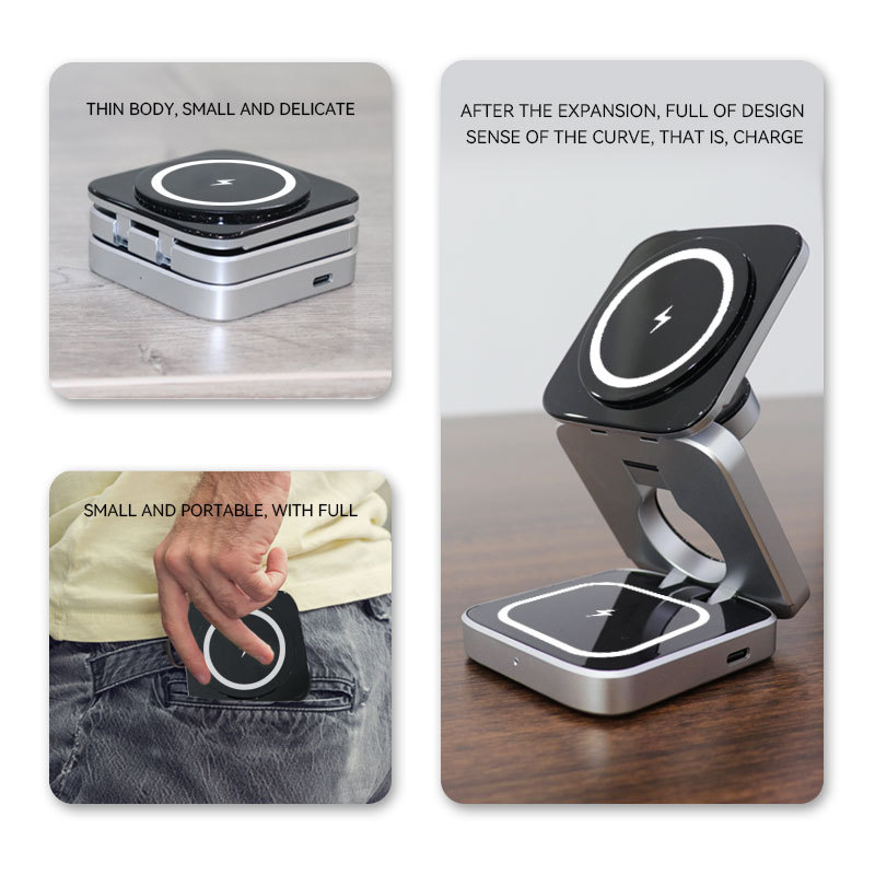 Three-in-one magnetic wireless charger phone fast charging foldable stand earphone watch wireless charger