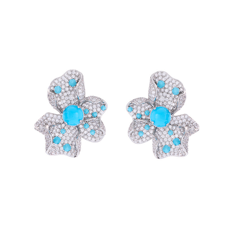 Heavy Craft Inlaid Blue Turquoise Flower Earrings for Women Ring s925 Silver Needle Elegant Earrings Set