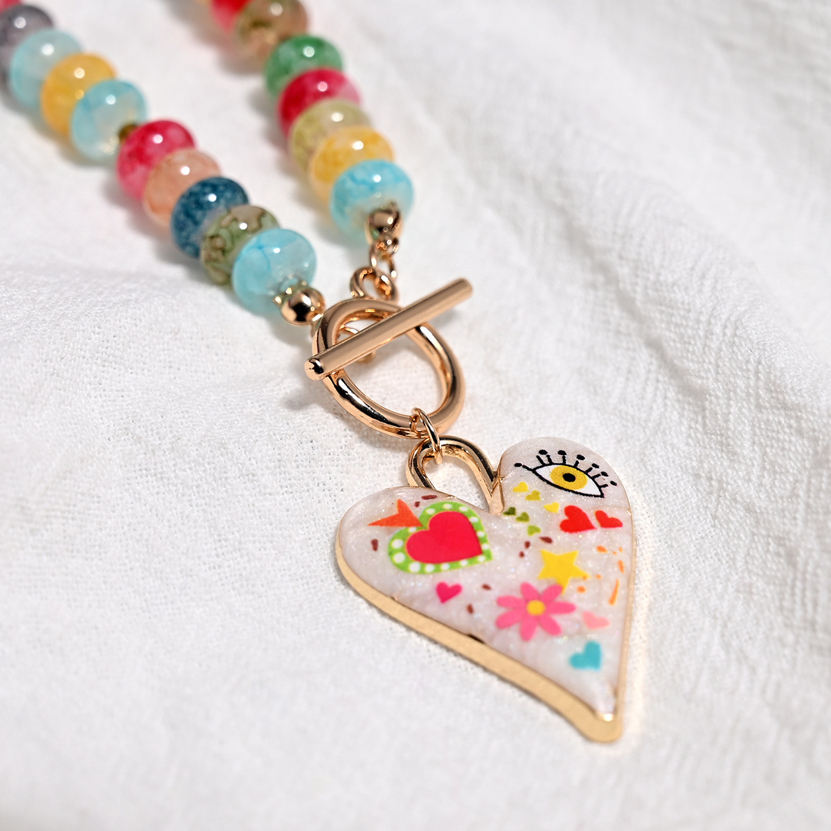 Accessories Mixed Color Glass Bead Necklace for Women Heart Pendant Handmade Bead Choker Necklace
