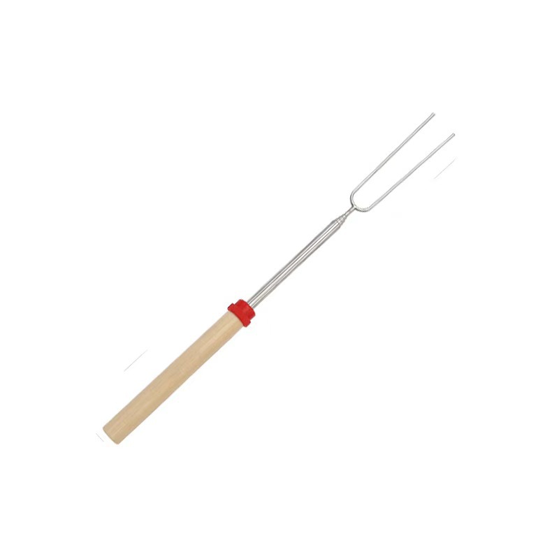Zibo BBQ Festival Outdoor BBQ Stainless Steel Telescopic BBQ Fork U-shaped Wooden Handle BBQ Stick Roast Fork BBQ Skewer