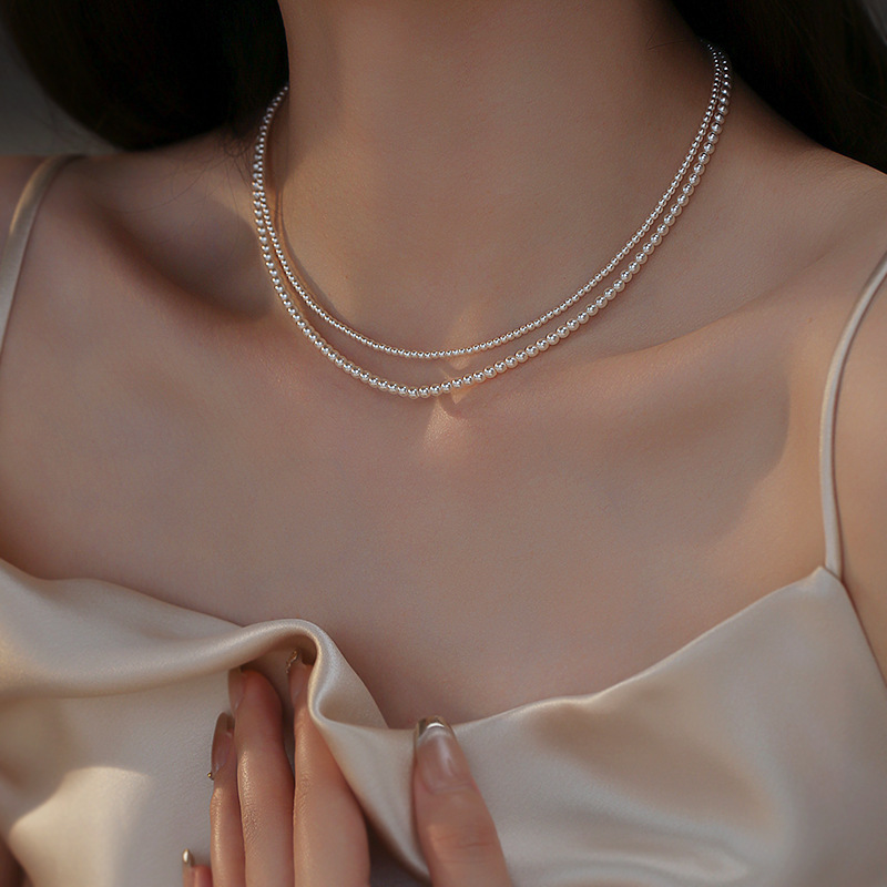 2mm（40cm）+4mm（45cm）珍珠项链叠戴银色