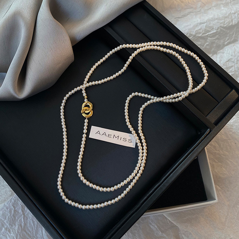 Swarovski-style small rice pearl imitation pearl necklace for women, autumn/winter neck chain, long layered sweater chain