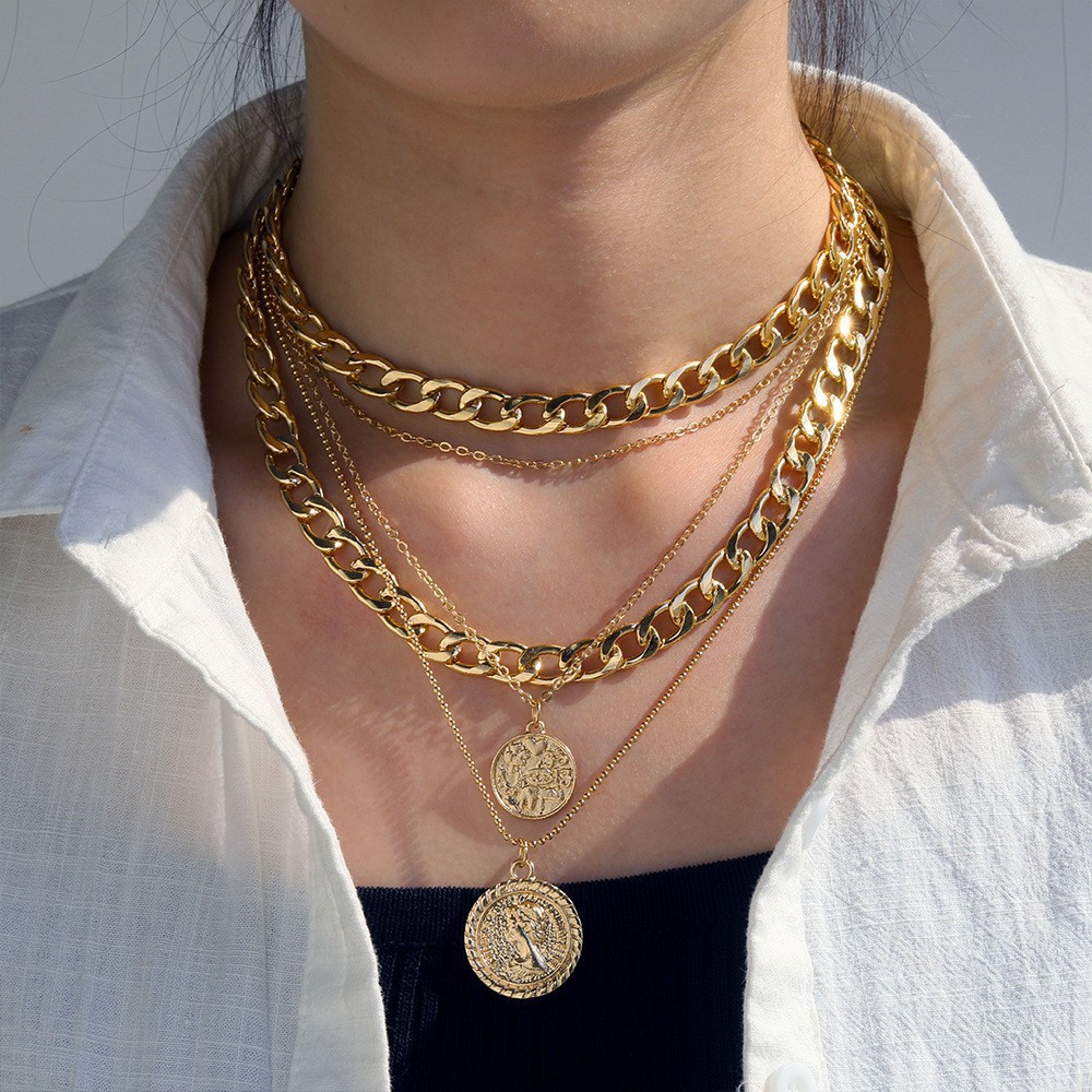 Multi-Layer Layered Gold Coin Necklace Medusa Head Coin Choker Hip Hop Style Necklace