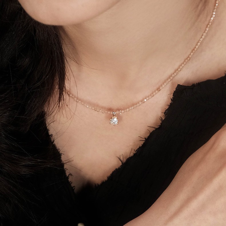 Yuanyou champagne zirconia moissanite necklace layered wear delicate bead simple collarbone chain