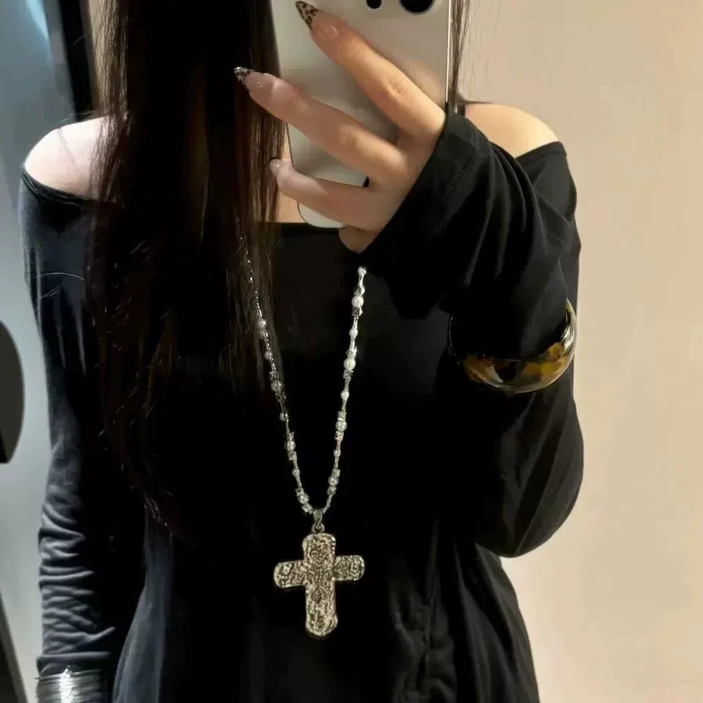 Multi-Layer Cross Tassel Necklace Court Style Collarbone Chain Sweet Cool Necklace for Women