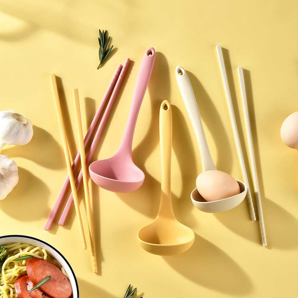 Integrated Non-Stick Silicone Soup Spoon Long Handle Spoon Silicone Chopsticks Two-Piece Set Ramen Tableware