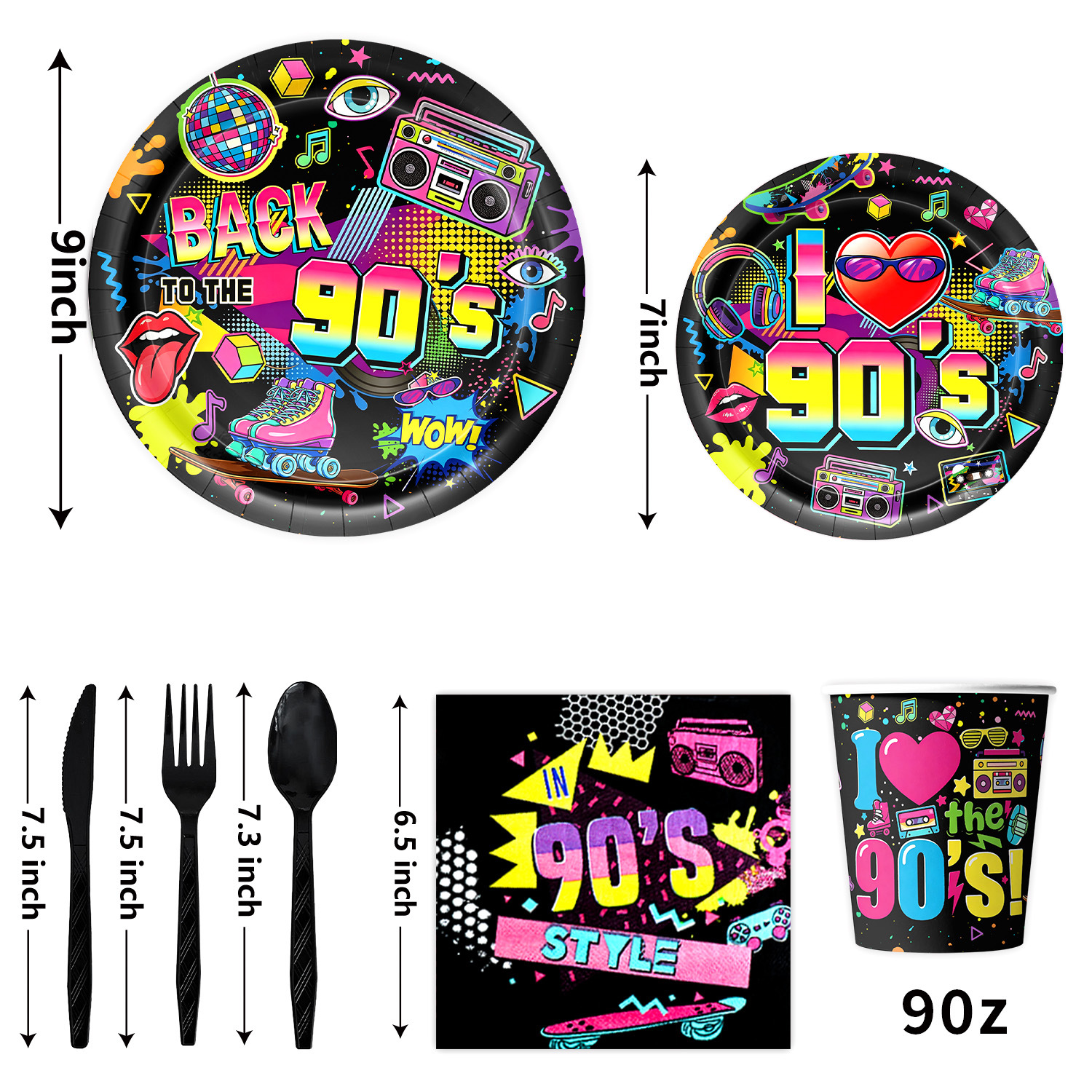 New 90s Party Disposable Tableware Paper Plate Paper Cup Napkin Tablecloth Bunting Flag Cake Decoration