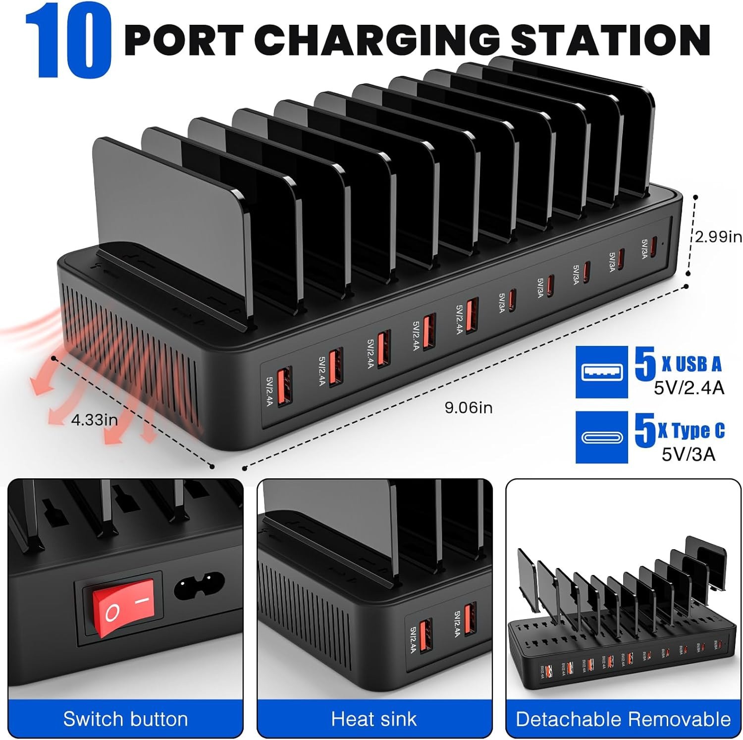 Multi-Port Charger 10-Port USB Plug Multi-Hole Socket Mobile Phone Fast Charge Integrated Stand Desktop Charging Station