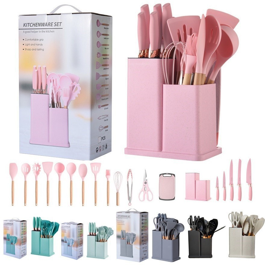 19-piece silicone kitchen utensil set with knife, silicone combination kitchen utensils 19-piece double-barrel straw silicone kitchen utensil set with knife
