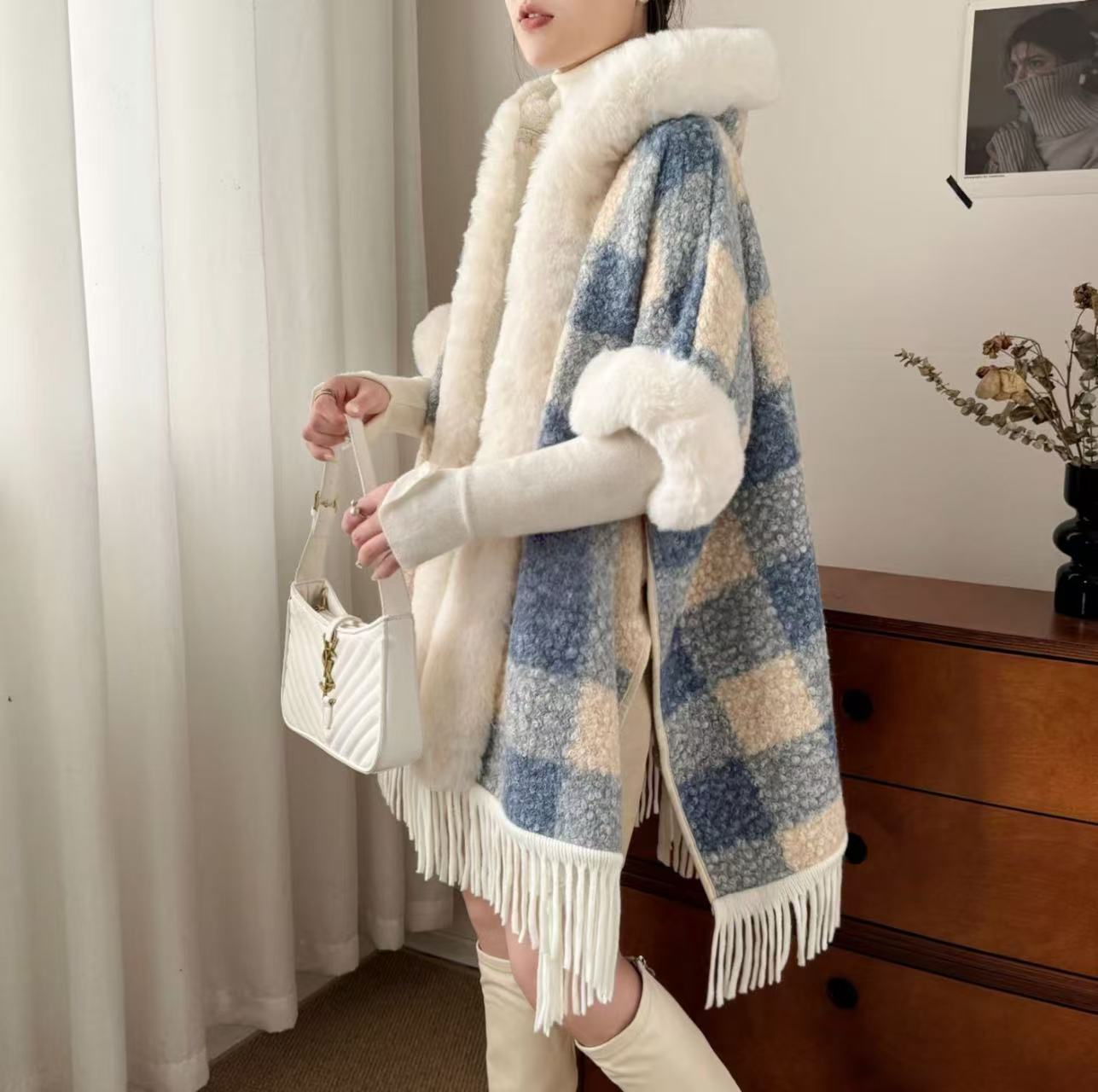 Live Autumn Winter New Plaid Tassel Fleece Lined Thickened Hooded Cape Shawl Fur Collar Warm Coat