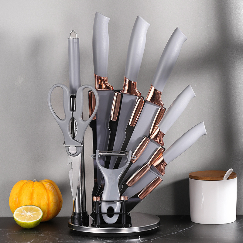 New kitchen knife set 9-piece stainless steel electroplated head with rotating acrylic knife holder ready