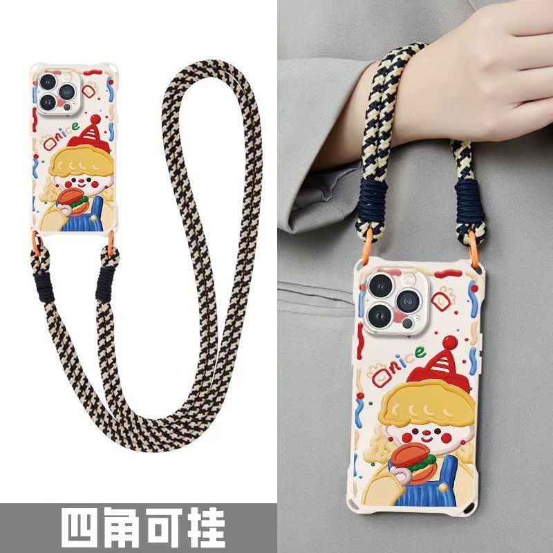 Hamburger girl compatible Apple 15 Pro Max diagonal phone case iPhone 14 anti-drop 13 wrist strap 12/11 soft x