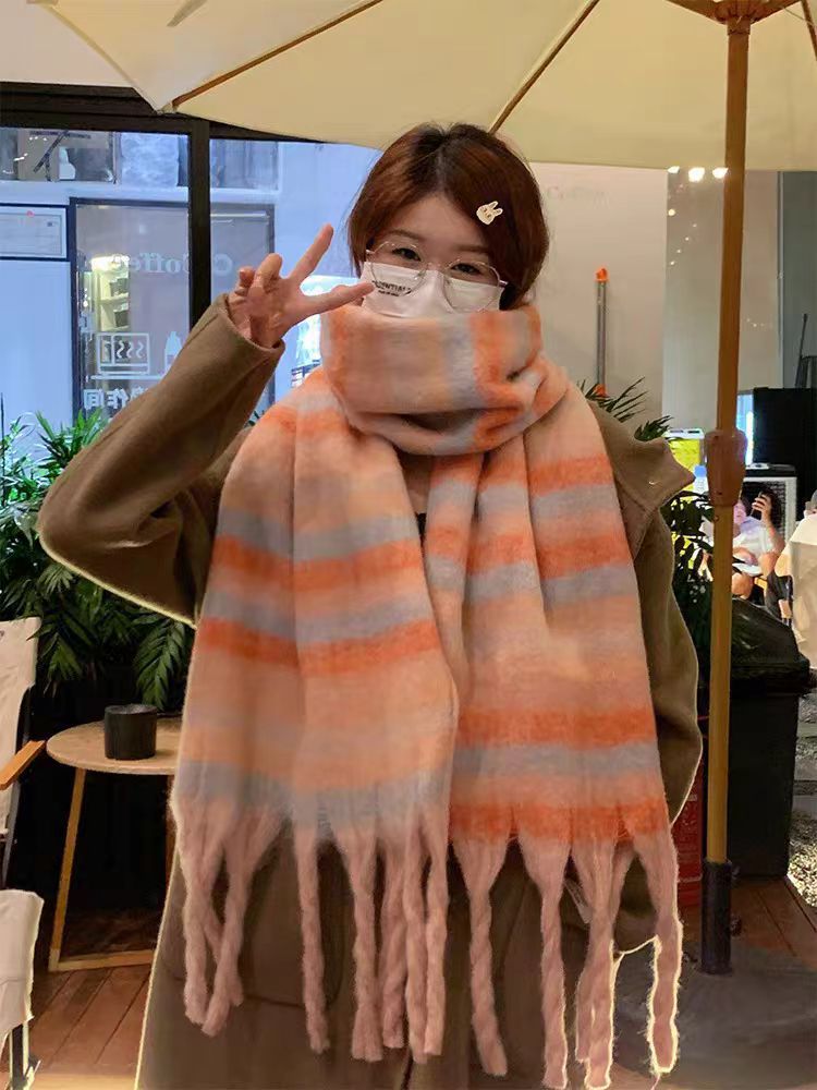 Plaid scarf women warm new dry rose pink autumn and winter color bright soft tassel shawl neck scarf