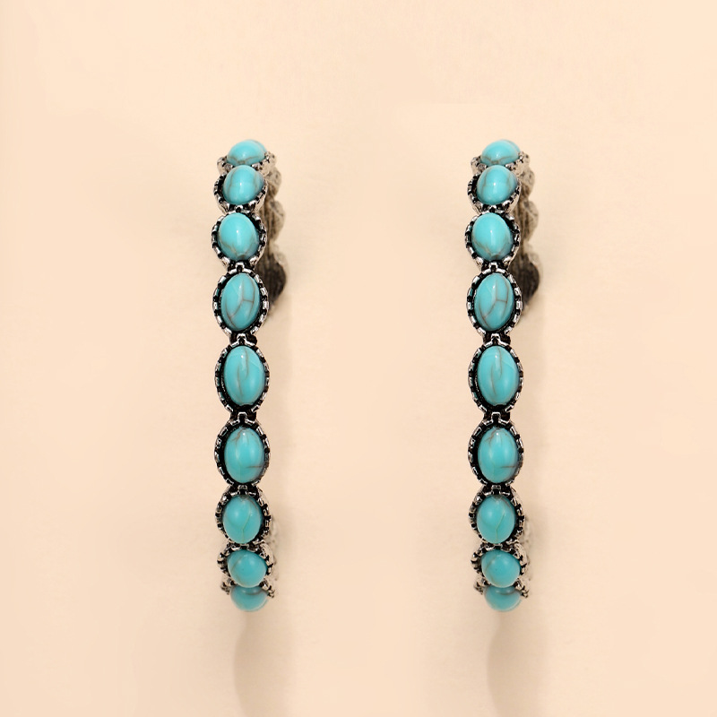 New Geometric Large Circle Inlaid Turquoise Earrings Exaggerated C-Shape Circle Earrings Women