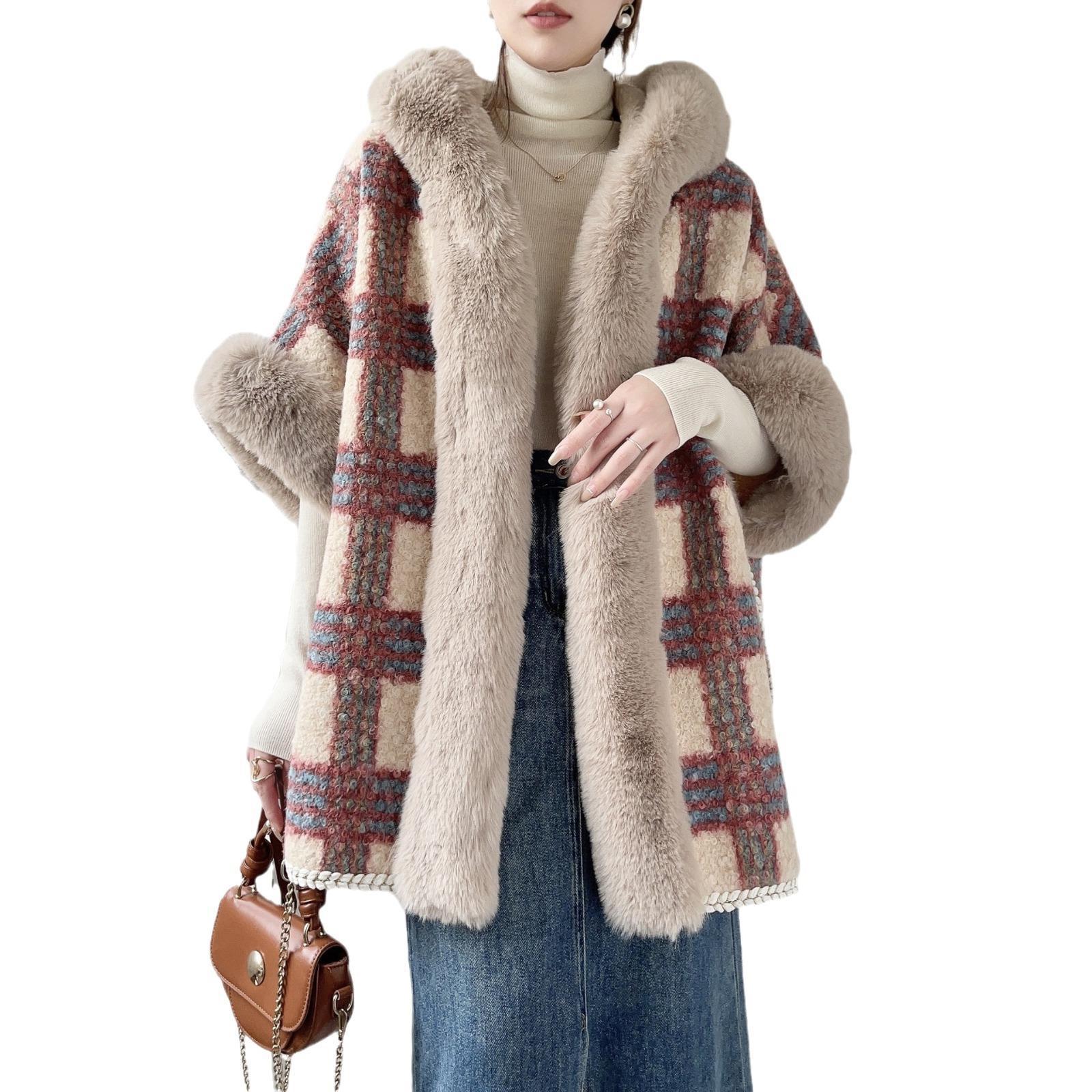 Live Loose Shawl Women 2023 Autumn Winter Cape Thickened Imitation Sheep Fur Collar Hooded Coat
