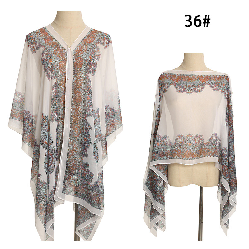Sanya Beach Cape Shawl Sun Protection Clothing Women Summer Thin Off-Shoulder Chiffon Shirt Print Outerwear Shawl