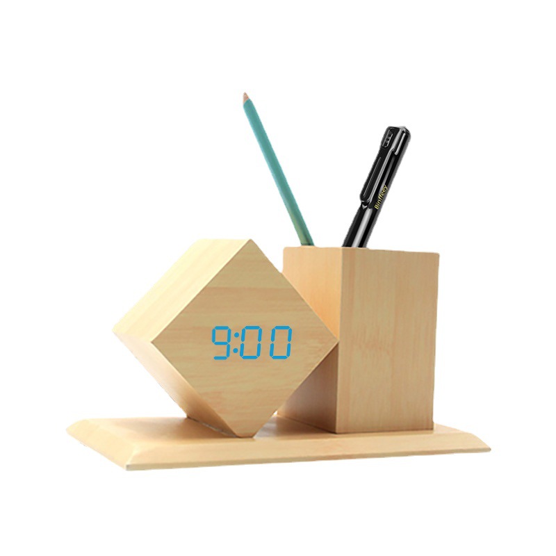 New Wooden Clock LED Smart Alarm Clock Home Office Desktop Pen Holder Wooden Clock Smart Electronic Clock