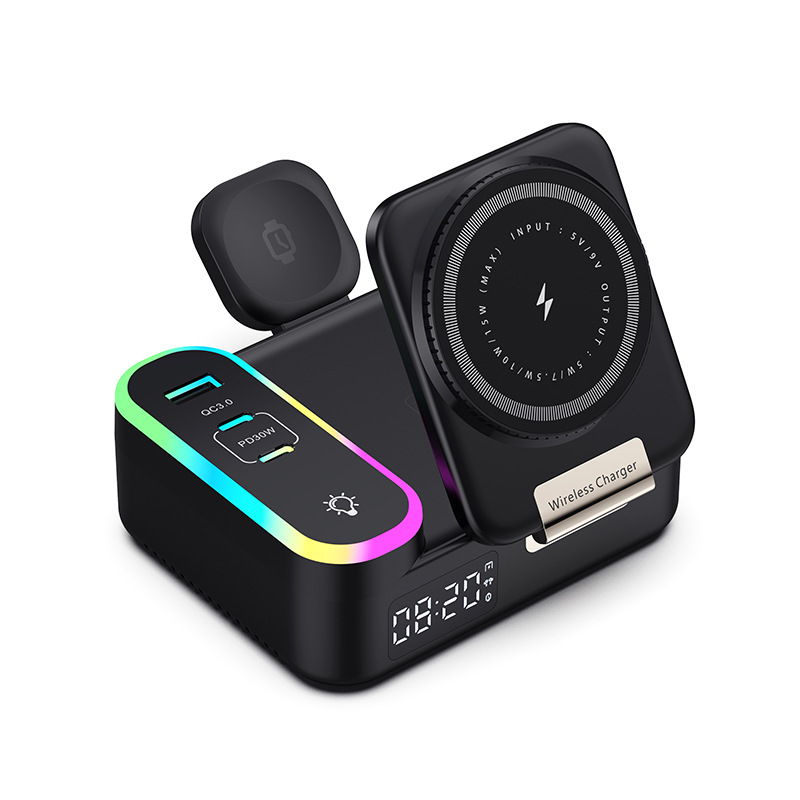 New Private Mold Built-in Retractable Cable Wireless Charger Magsafe Multi-Port Foldable Wireless Charger with Digital Display Clock