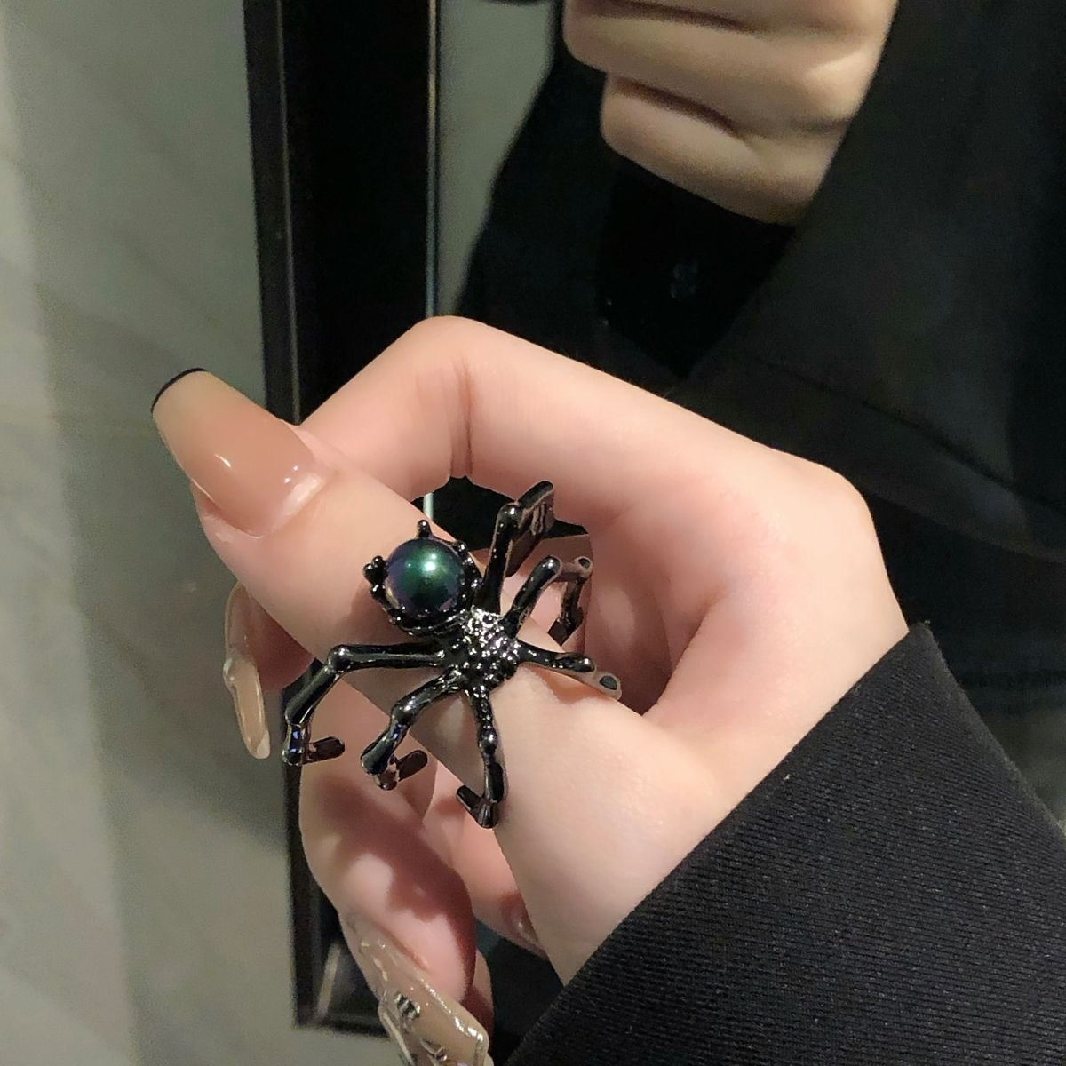 Black Spider Punk Ring with Moonstone Metal Open Adjustable
