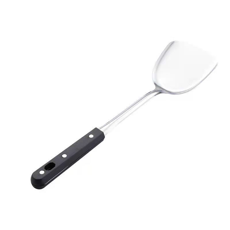 Stainless steel long-handled slotted spoon, soup spoon thickened kitchen set, slotted spoon handle, stir-fry spatula household black three-nail handle