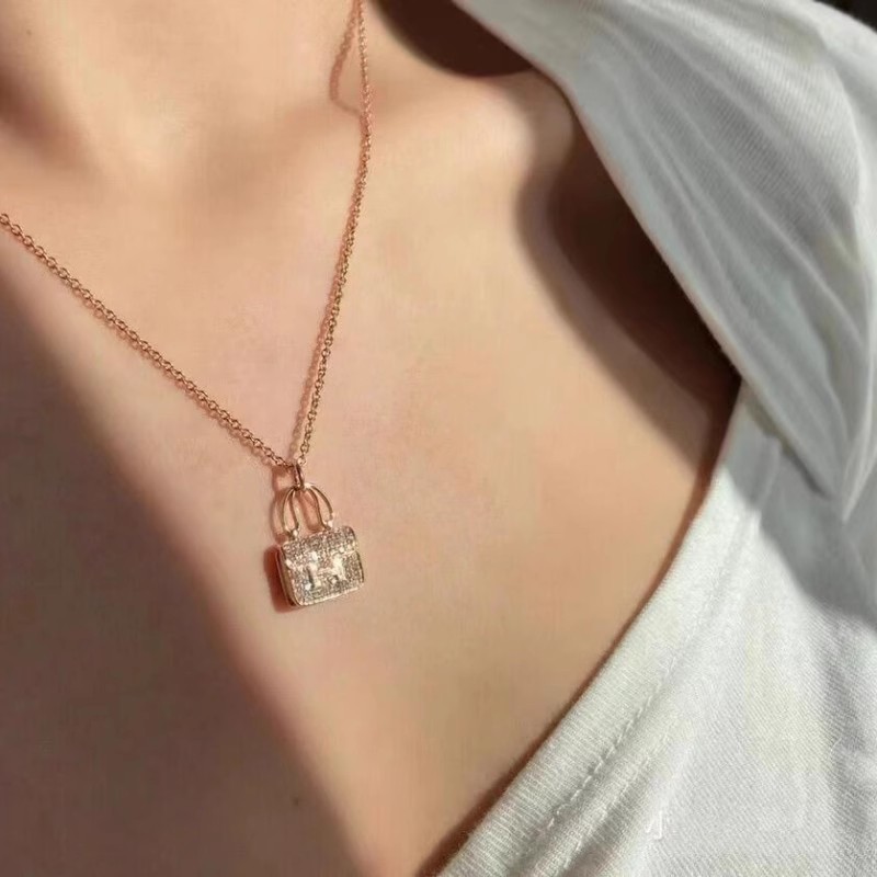 H new Hermes锁骨 chain diamond-plated thick brilliant full gift 18K gold bag necklace women Kang Kang bag