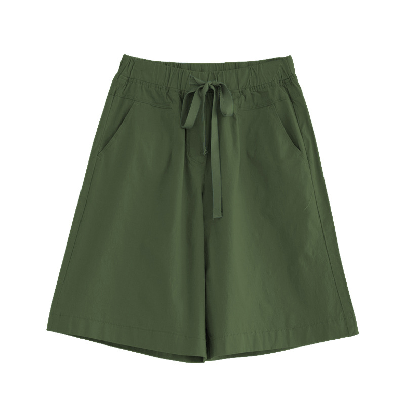 Spring and summer women mid-waist wide-leg five-tenths casual pants cotton spandex mid-elastic commute 200 jin women