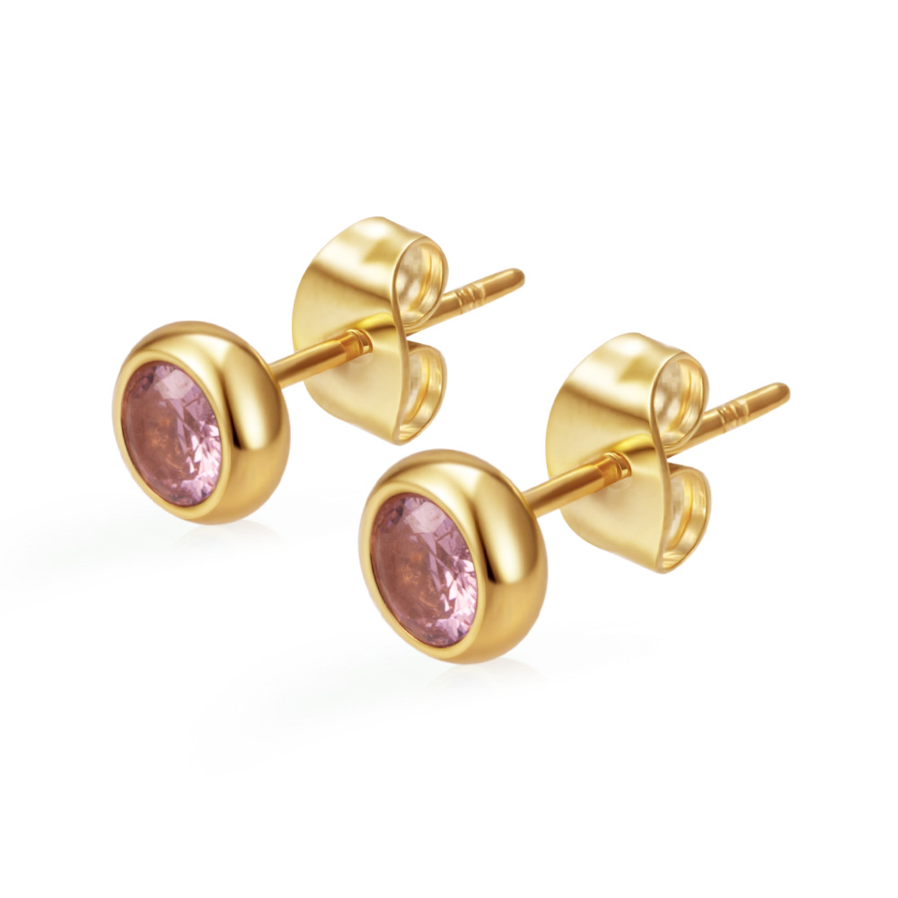 Exclusive round stainless steel zircon stud earrings for women, multi-color ear accessories, PVD 18K real gold ear