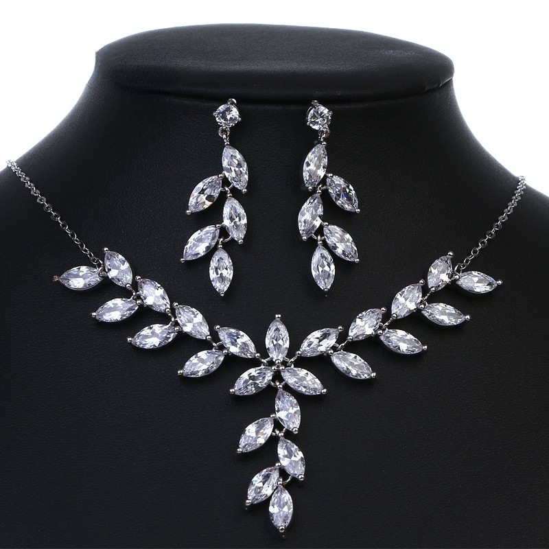 Leaf copper zircon necklace earring jewelry two-piece set bridal accessory gift women