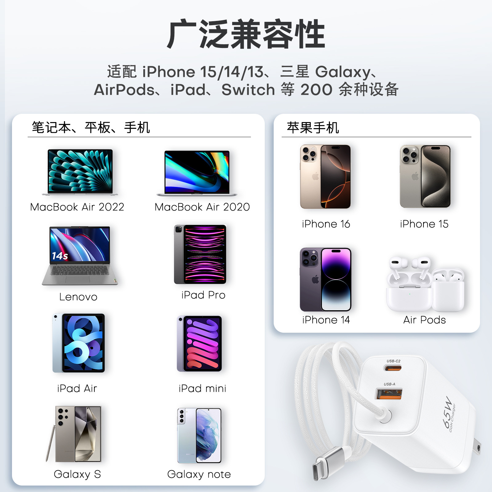 Charger with Cable PD67W GaN Charger for Apple Huawei Phone High Power Charging Head