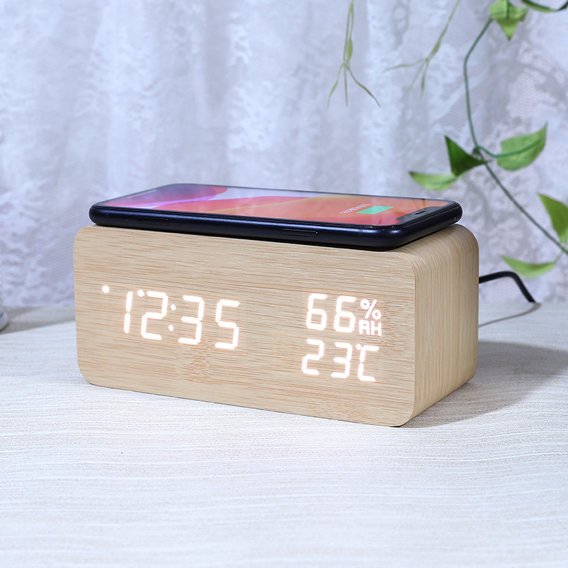 LED temperature and humidity wireless charging wooden clock, mobile phone wireless charging desktop silent electronic clock alarm clock