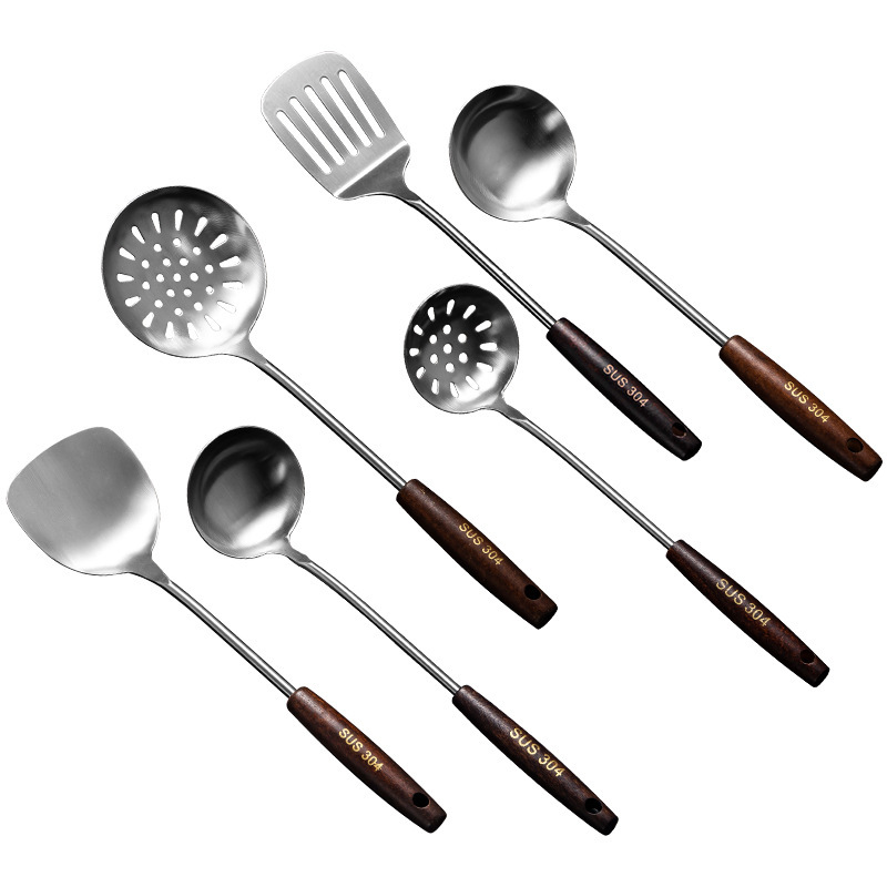 304 stainless steel spatula, thickened wooden handle kitchen tool set, kitchen utensils, cooking spoon, spatula, soup spoon, colander, frying spatula