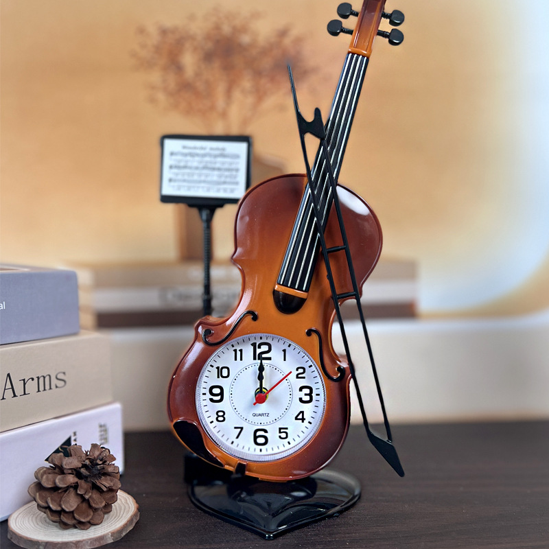 Simulated Violin Alarm Clock Musical Instrument Shape Desktop Clock Living Room Ornament Desk Clock