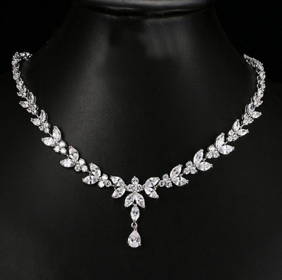 Simple long marquise teardrop zirconia white gold necklace and earrings jewelry set, bridal accessories