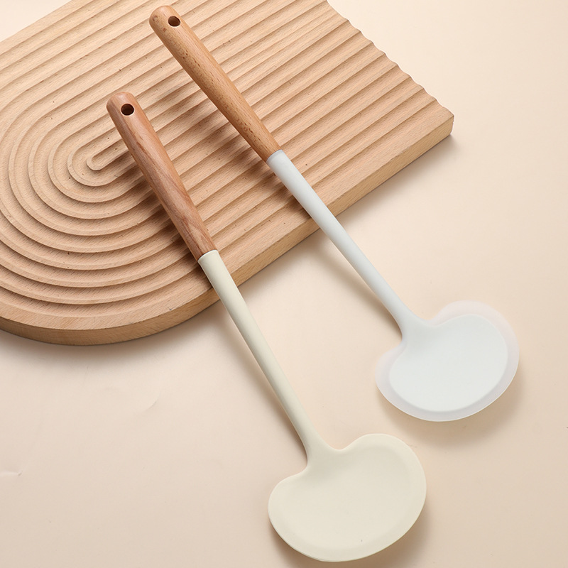 Wooden handle silicone spatula and spoon set, household kitchen tool, Chinese spatula, non-stick pan spatula, soup spoon, cooking high temperature resistant stir-fry
