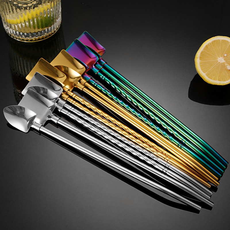 304 stainless steel straw spoon threaded watermelon spoon shovel straw spoon beverage coffee stirring spoon dessert spoon