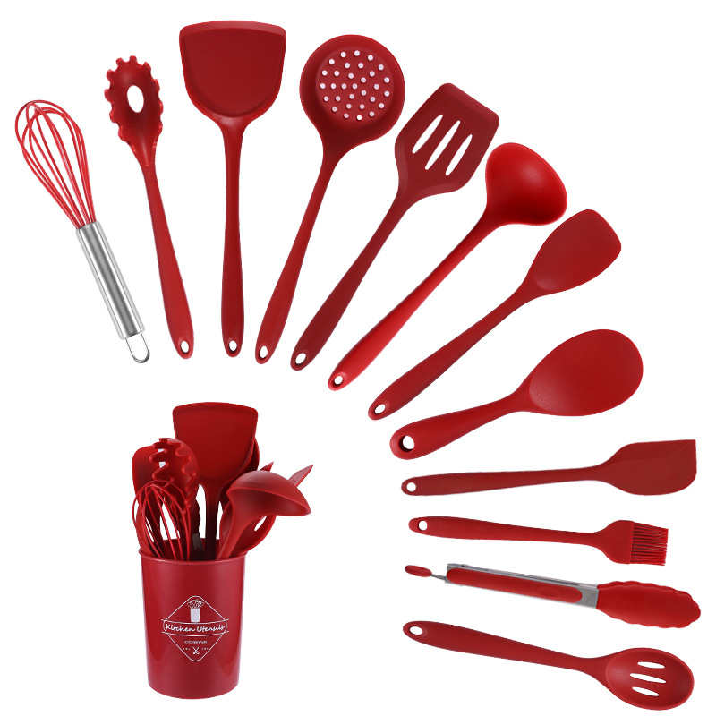 Silicone Kitchen Utensils 13-Piece Set Non-stick Spatula Slotted Spoon Set Red Black Kitchen Storage